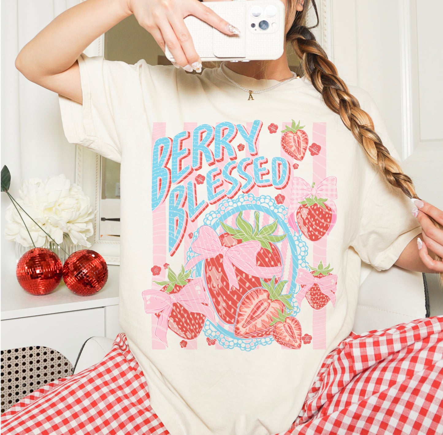 Berry Blessed DTF Transfer | Strawberry Coquette Bow Design | Trendy Mama Shirt Transfer | Summer Fruit Graphic