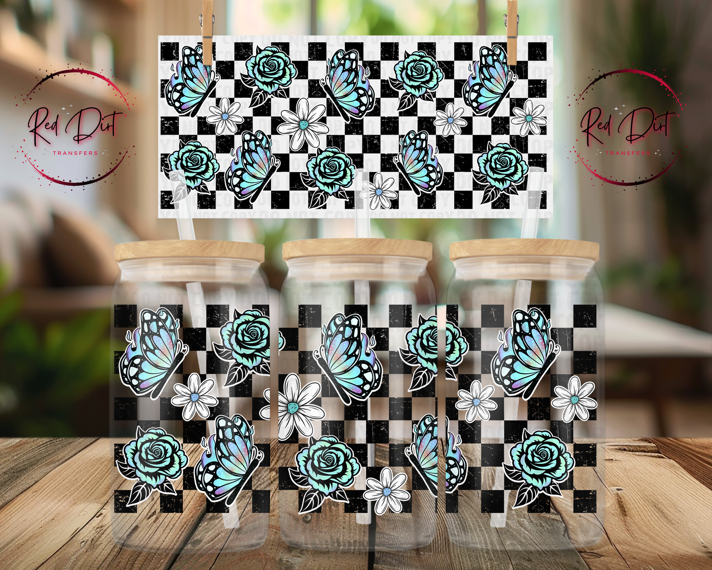 Blue Butterfly UV DTF Wrap | Checkered Floral Libbey Glass Can Transfer | Aesthetic Cup Decal | Butterfly Tumbler Wrap