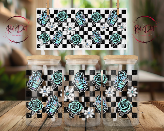 Blue Butterfly UV DTF Wrap | Checkered Floral Libbey Glass Can Transfer | Aesthetic Cup Decal | Butterfly Tumbler Wrap