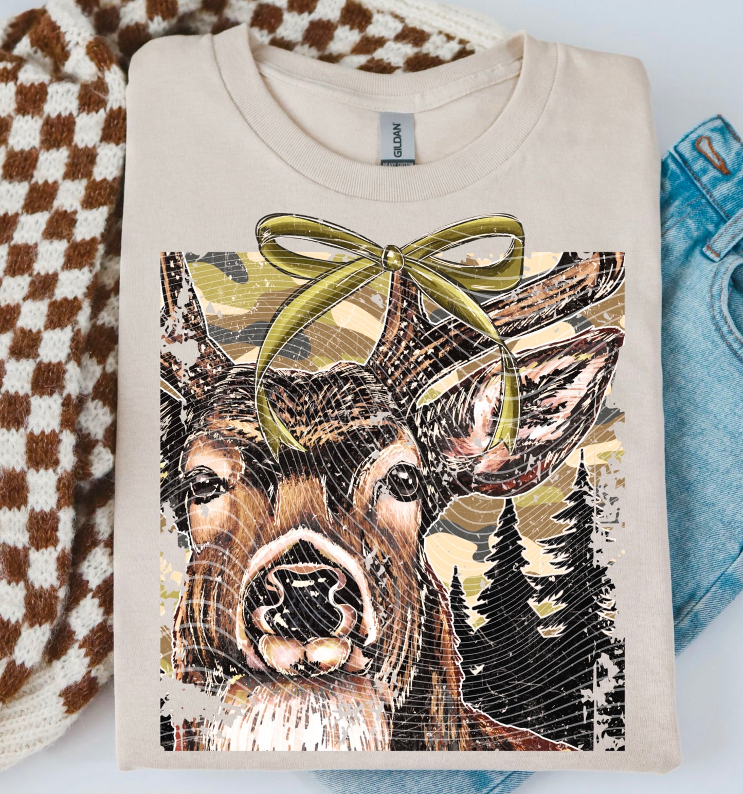 Buck (Green Bow) DTF Transfer | Trendy Hunting DTF Transfer | High Quality Image Transfers | Ready to Press | Instant Peel