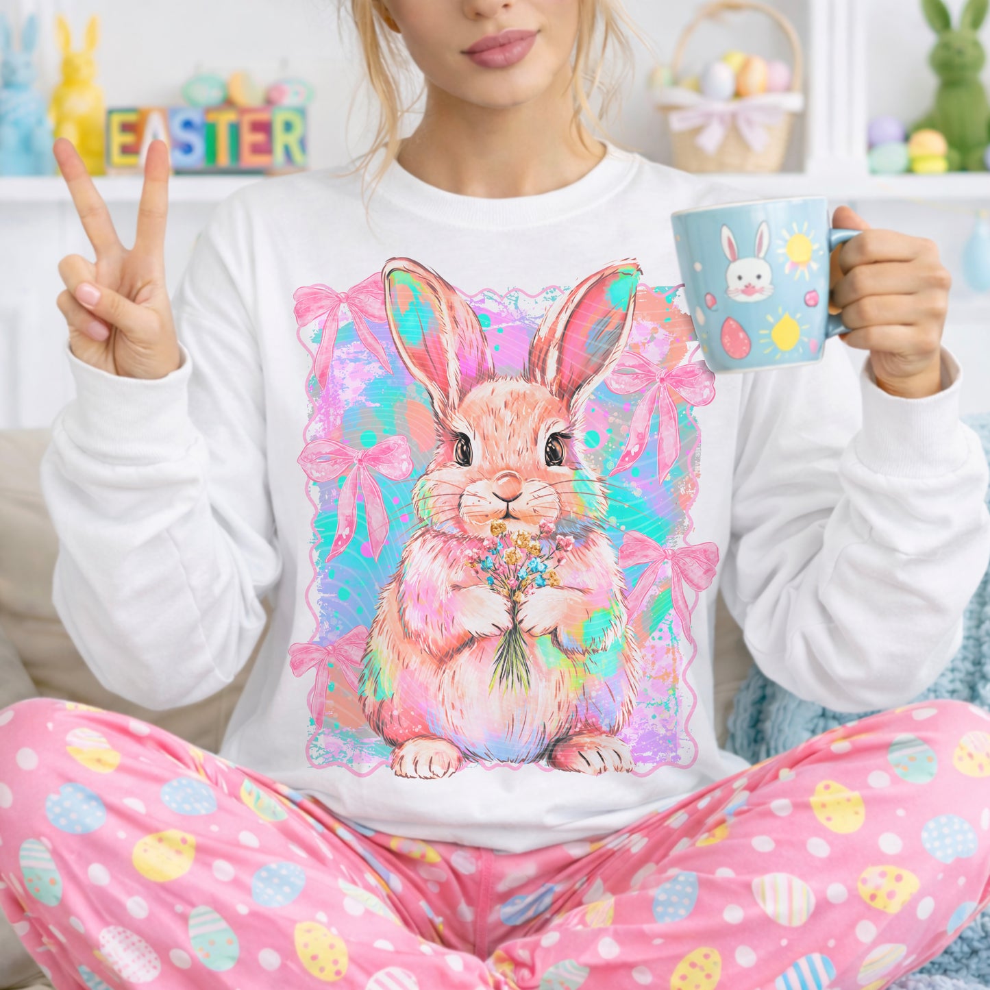 Easter Bunny DTF Transfer, Pastel Spring Bunny Heat Transfer, Cute Rabbit Easter Ready to Press Transfer