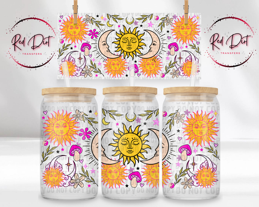 Celestial Sun Moon UV DTF Transfer, Boho Cup Wrap, 16 oz Libbey Glass Can Wrap, Retro Bright Astrology Decal, Trendy Celestial Wrap