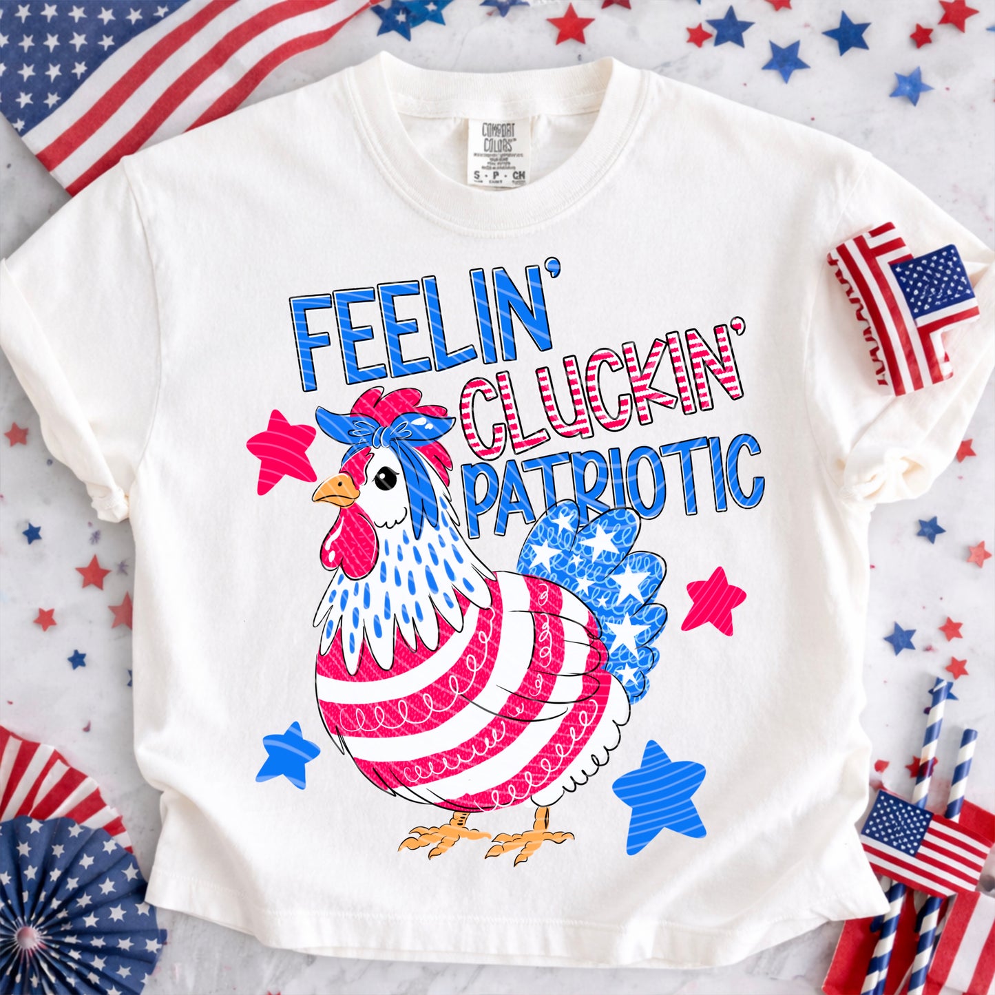 Feelin’ Cluckin’ Patriotic DTF Transfer | Patriotic Chicken Transfer | 4th of July DTF Print | Retro USA Hen Transfer | Ready to Press