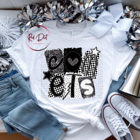 Comets  BW Collage Mascot T-Shirt | Trendy School Spirit Shirt | Fast Shipping | Super Soft Shirts for Men/Women/Kid's