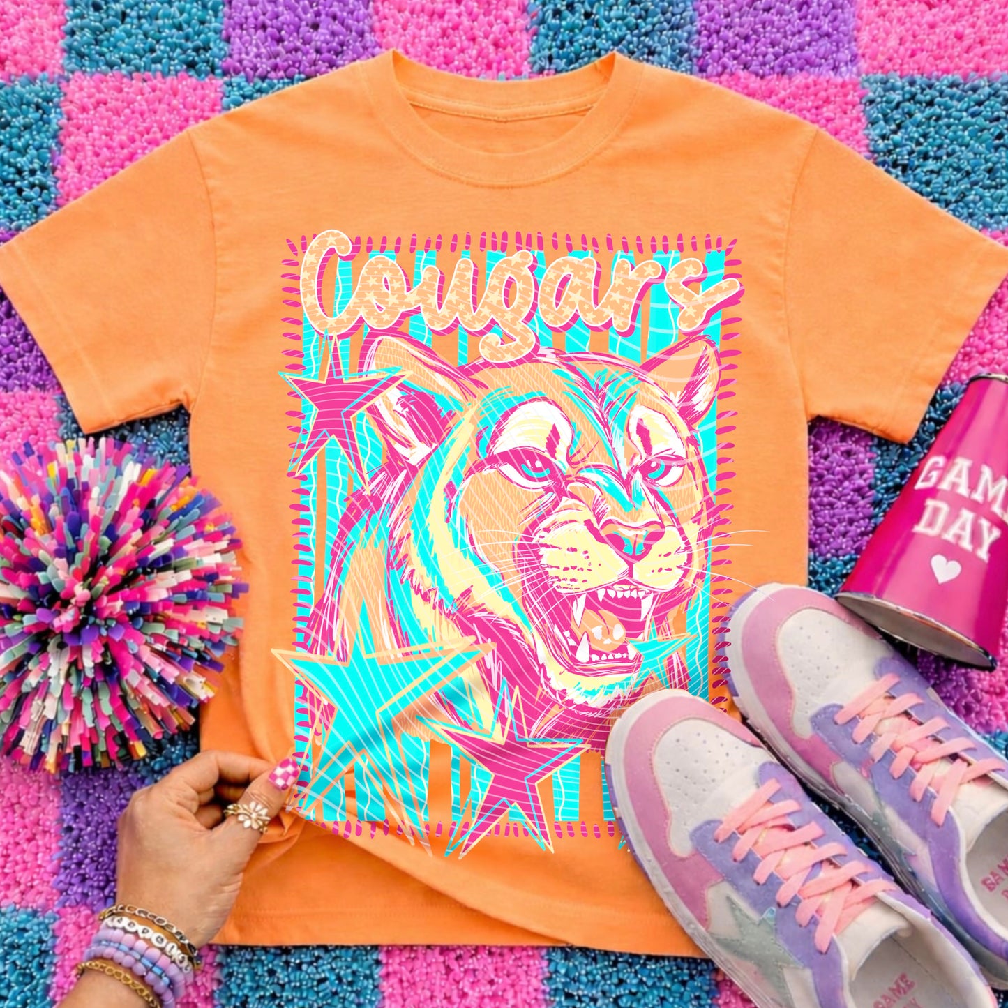 Cougars Mascot DTF Transfer | School Spirit Shirt Transfer | Retro Mascot Design | Game Day Tee | Colorful Team Print
