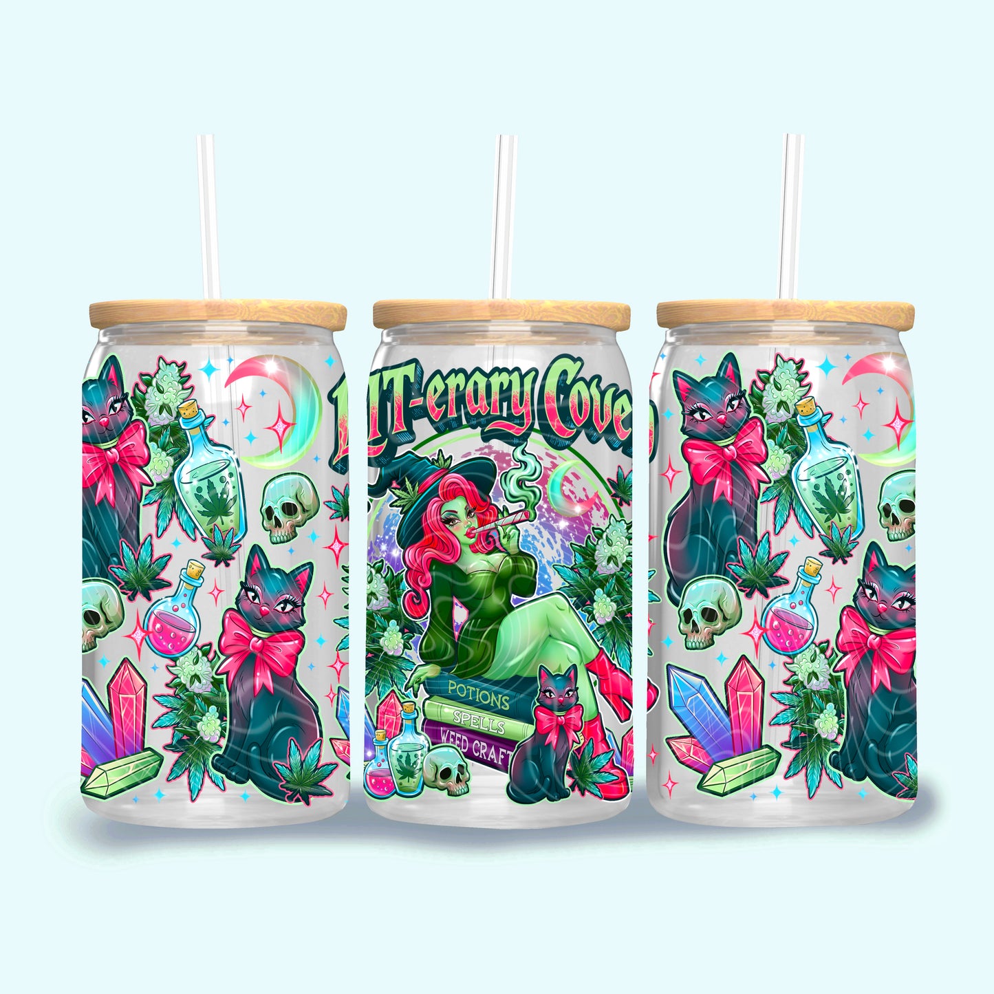 Lit-erary Coven UV DTF Cup Wrap | Witchy Glass Can Transfer | Witch Cat Tumbler Decal | 420 Cup Wrap