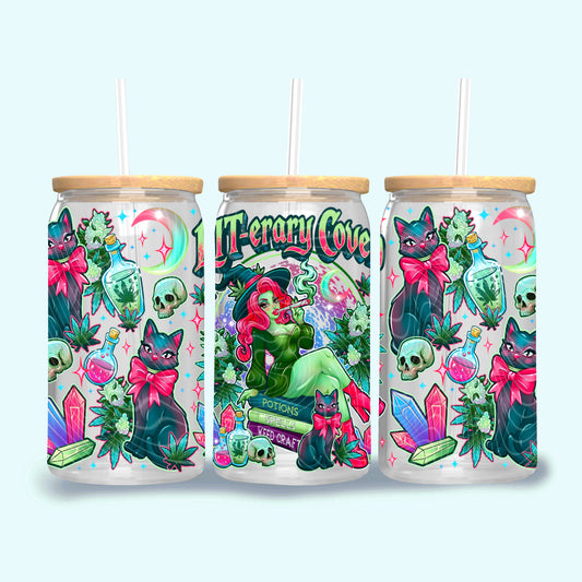 Lit-erary Coven UV DTF Cup Wrap | Witchy Glass Can Transfer | Witch Cat Tumbler Decal | 420 Cup Wrap