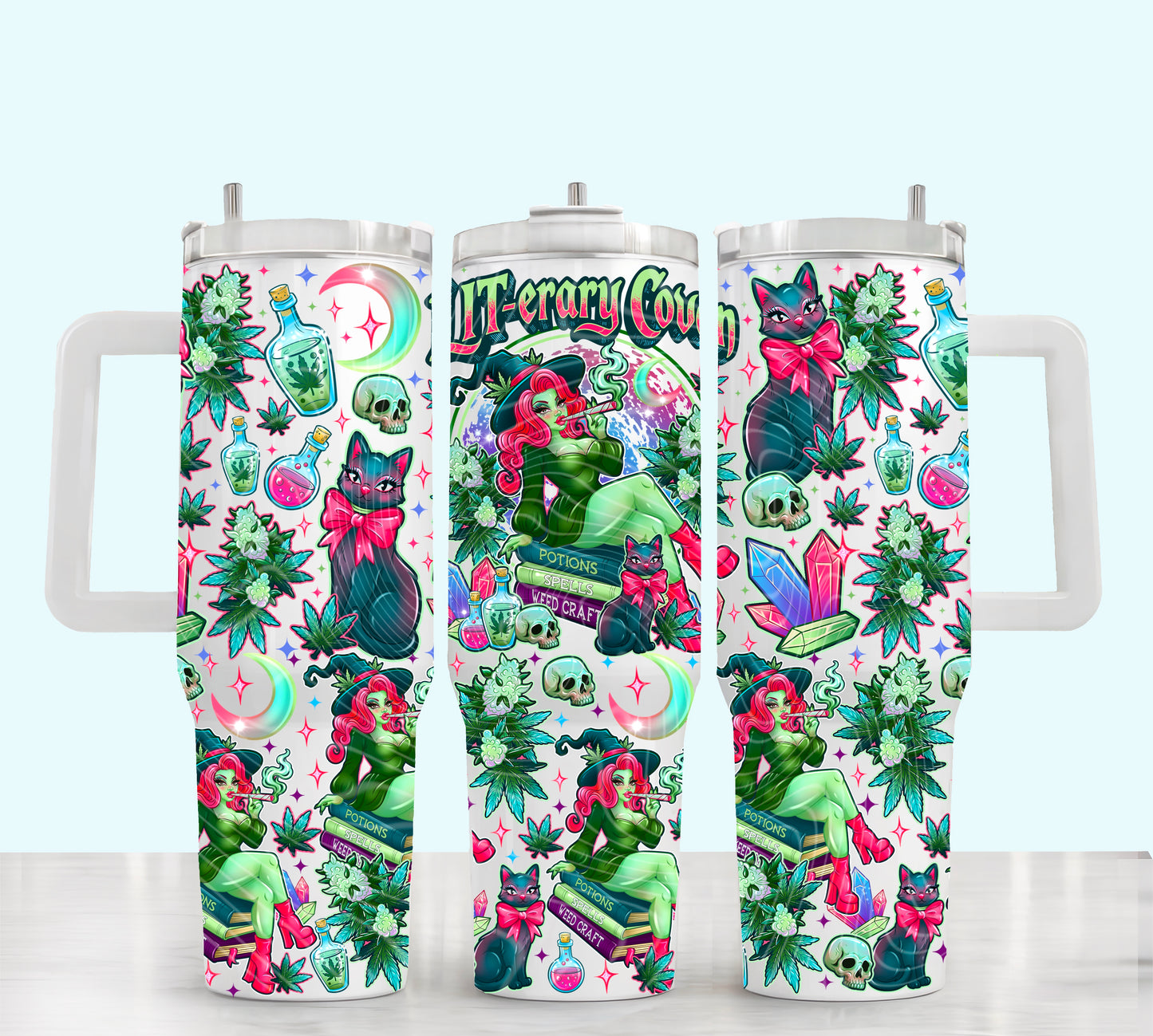 Lit-erary Coven 40oz UV DTF Tumbler Wrap | Witchy 420 Friendly Tapered Cup Wrap | Spooky Witch Cat Tumbler Decal