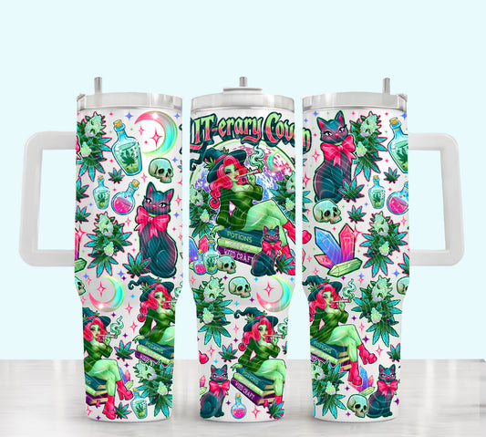 Lit-erary Coven 40oz UV DTF Tumbler Wrap | Witchy 420 Friendly Tapered Cup Wrap | Spooky Witch Cat Tumbler Decal
