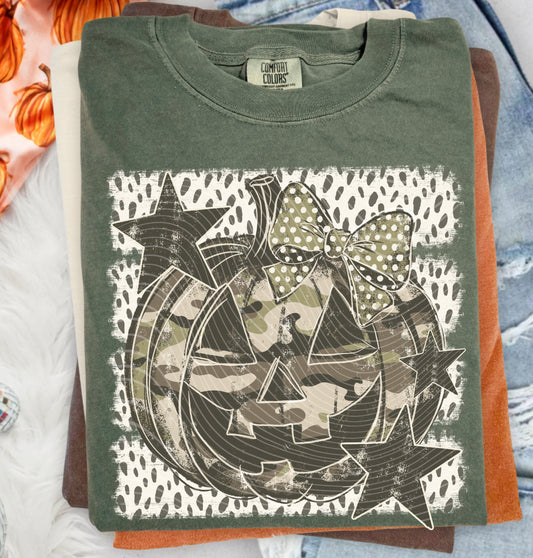 Dark Camo Pumpkin DTF Transfer, Pumpkin Bow Transfer, Fall DTF Transfer, Halloween Shirt Transfer, Camo Pumpkin Shirt Design