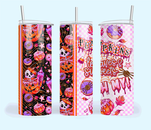 Pumpkins Leaves and Sweets Oh My Insulated Tumbler with Plastic Lid and Sealed Reusable Straw | Trendy Halloween Cup | Hot/Cold Tumbler