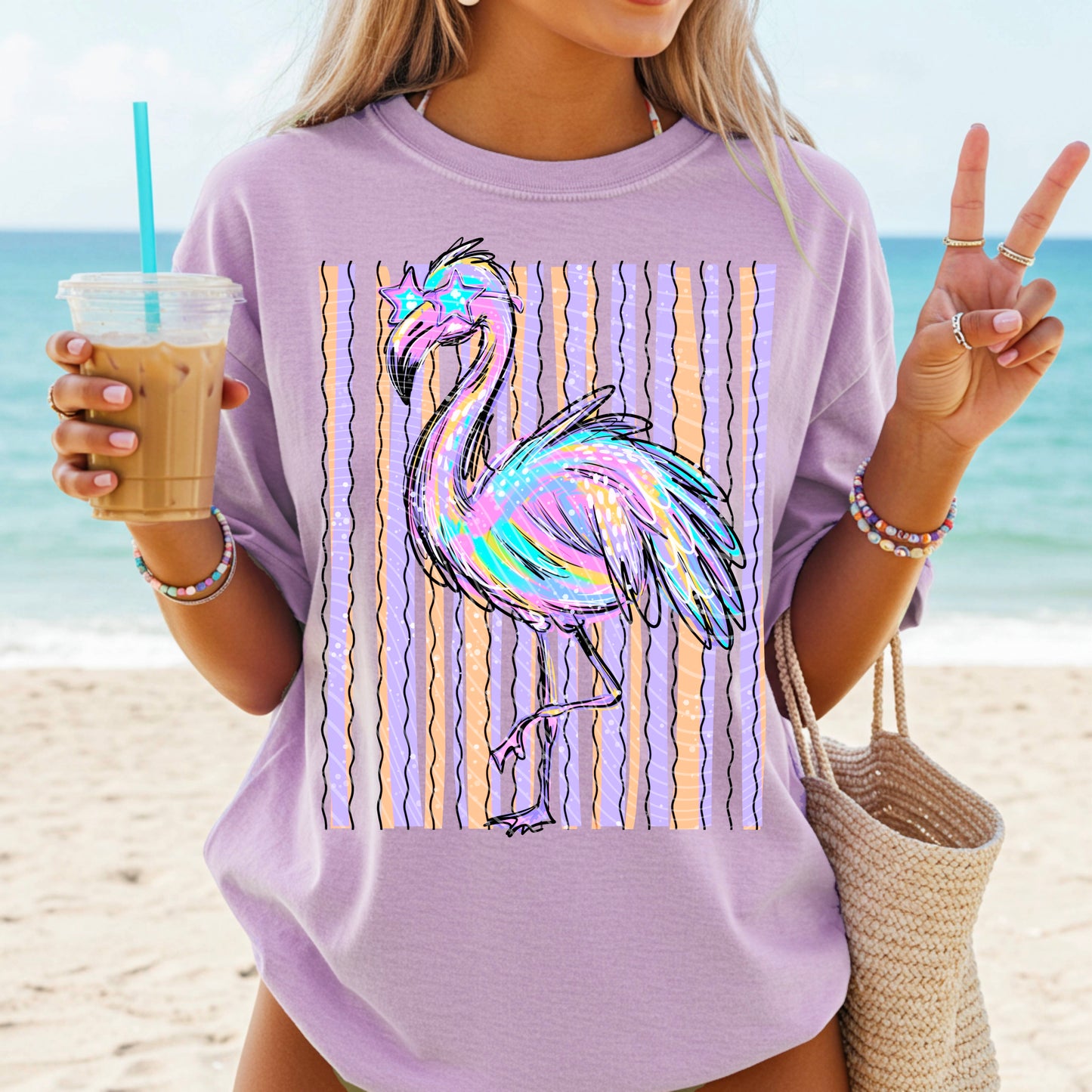 Flamingo DTF Transfer, Retro Beach Flamingo Print, Colorful Summer Shirt Transfer, Ready to Press Heat Transfer