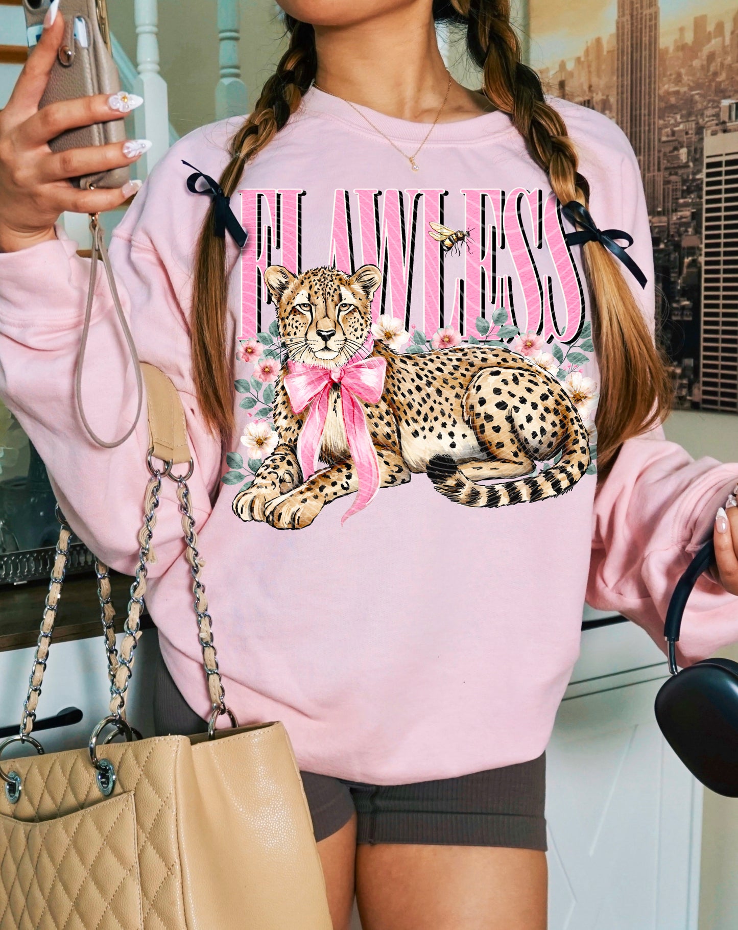 Flawless Cheetah DTF Transfer, Pink Bow Leopard Transfer, Coquette Animal Print, Trendy Graphic Tee Transfer, Ready to Press