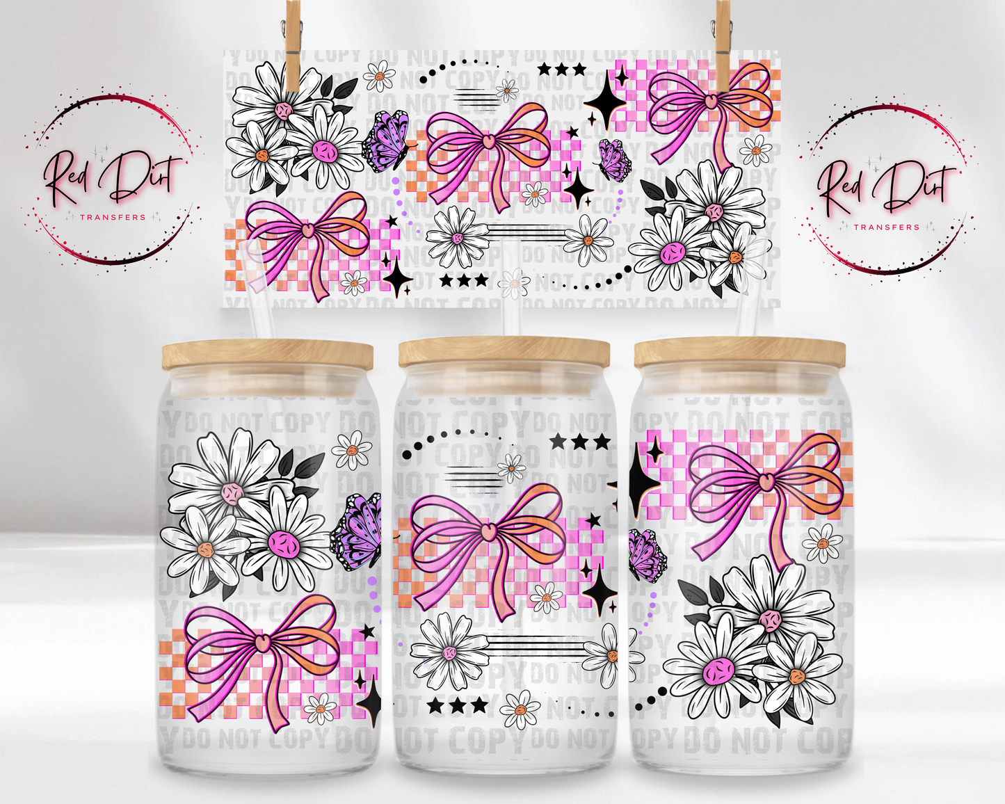 Floral Bow UV DTF Libbey Wrap, Pink Coquette Glass Can Wrap, Daisy Bow Cup Wrap Transfer, Trendy Aesthetic UV DTF, Red Dirt Transfers