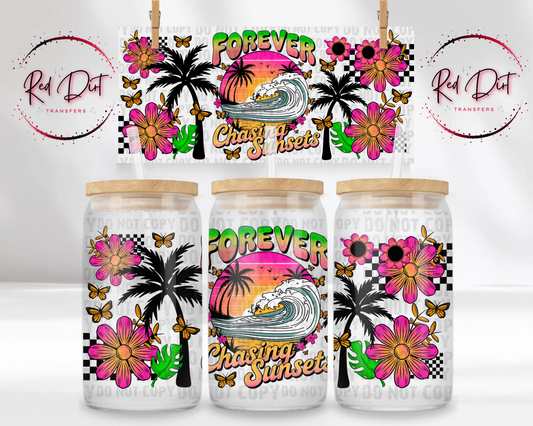 Sunset Beach UV DTF Transfer, Tropical Palm Tree Cup Wrap, Forever Chasing Sunsets Glass Can Wrap, 16 oz Libbey Wrap Summer Decal