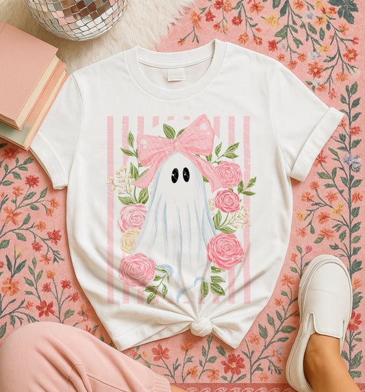 Pink Coquette Ghost DTF Transfer | Cute Floral Ghost Heat Transfer | Bow Ghost Ready to Press Transfer | Halloween DTF