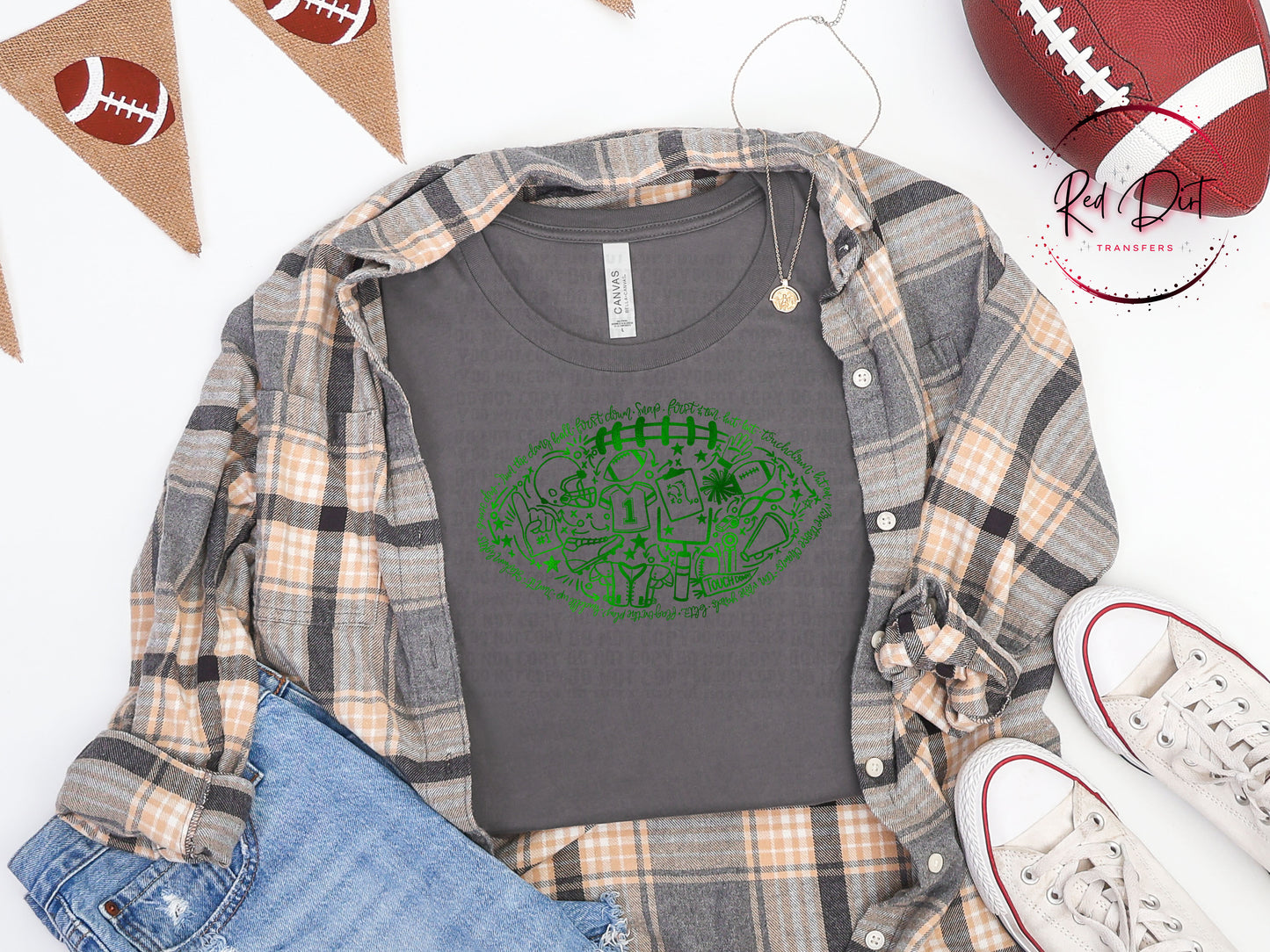 Green Metallic Football Doodle DTF Transfer | Green Football Heat Transfer | Ready to Press Transfer