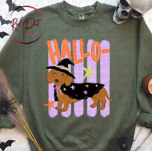 Halloween Dachshund DTF Transfer | Hallo-Weenie Dog Heat Transfer | Cute Witch Wiener Dog Ready to Press | Spooky Fall Shirt Design