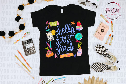 Hello First Grade blue DTF Transfer, Back To School Heat Transfer, School Supplies Teacher Student Transfer