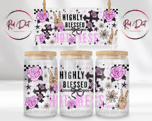 Highly Blessed UV DTF Transfer, Faith Cup Wrap, Christian Glass Can Wrap, Pink Floral Cross Libbey 16 oz Cup Decal