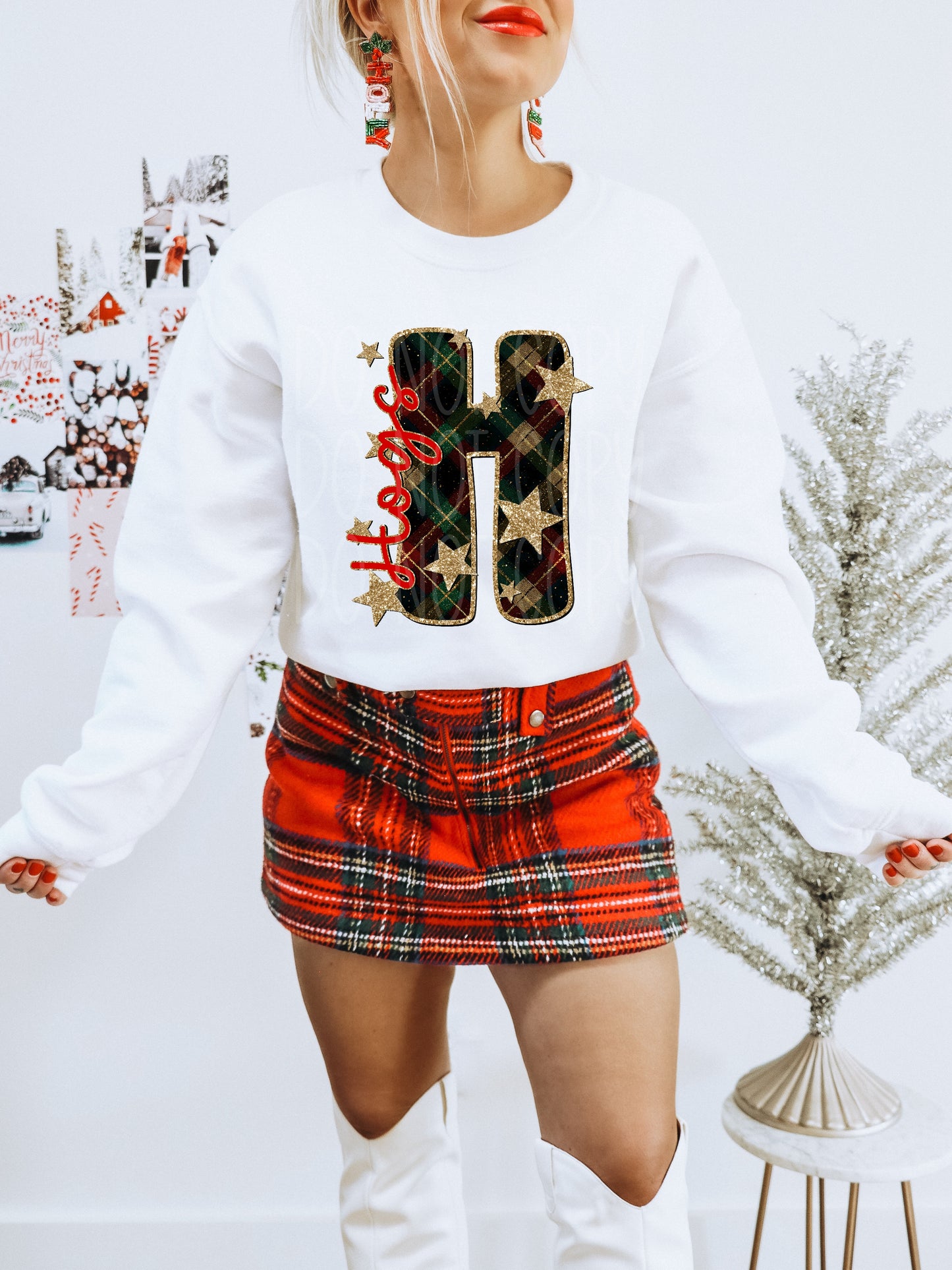 Hogs Christmas Plaid Mascot DTF Transfer | Trendy School Spirit DTF Transfer | High Quality Image Transfers | Ready to Press | Instant Peel