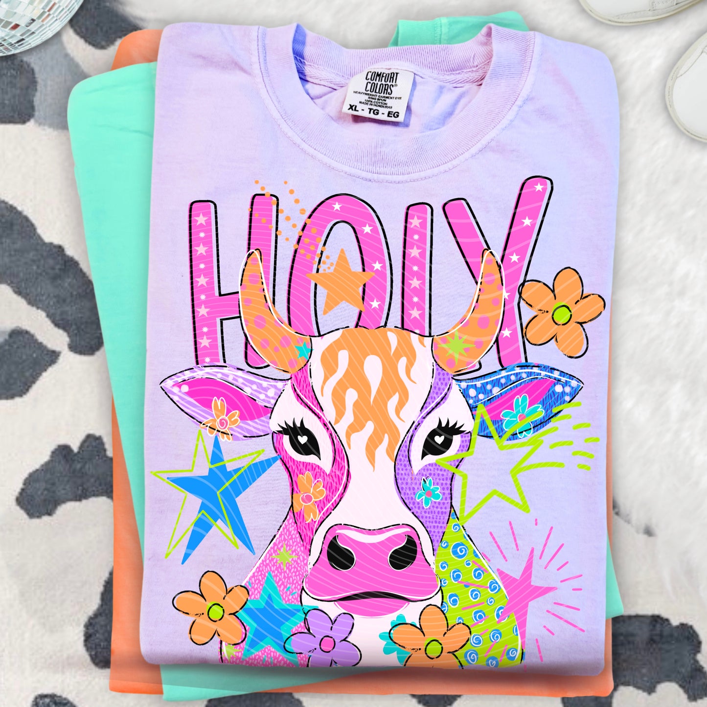 Holy Cow DTF Transfer | Cute Cow Transfer | Retro Western Cowgirl Transfer | Colorful Farm Animal Shirt Print