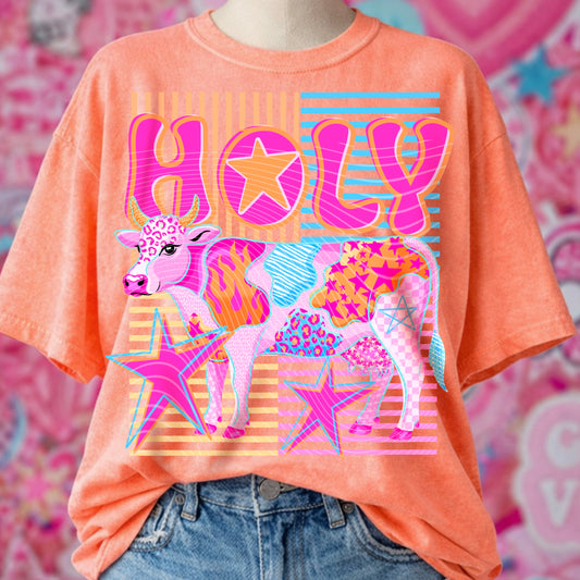 Holy Cow DTF Transfer | Retro Cowgirl Transfer | Colorful Western Cow Print | Boutique Shirt Transfer