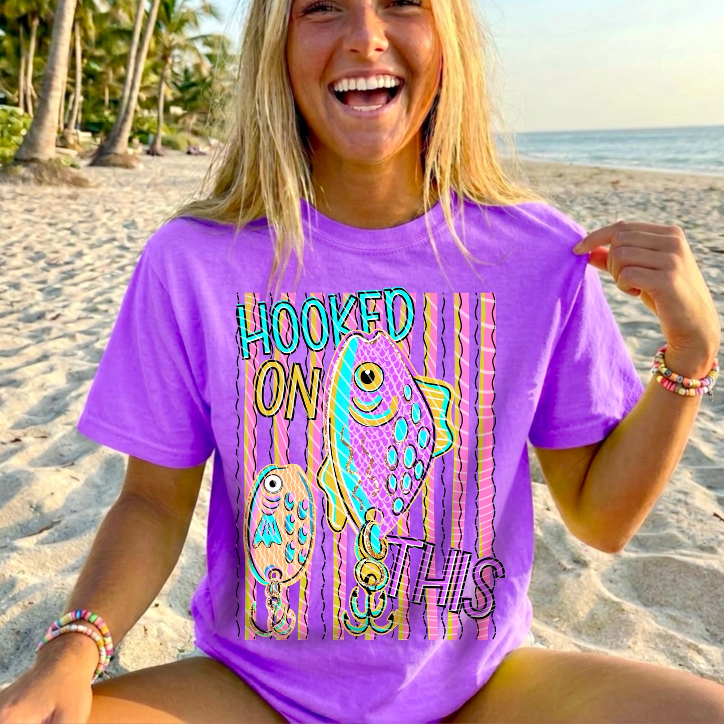 Hooked On This DTF Transfer, Fishing Shirt Transfer, Retro Fish Design, Colorful Summer Heat Transfer Ready to Press