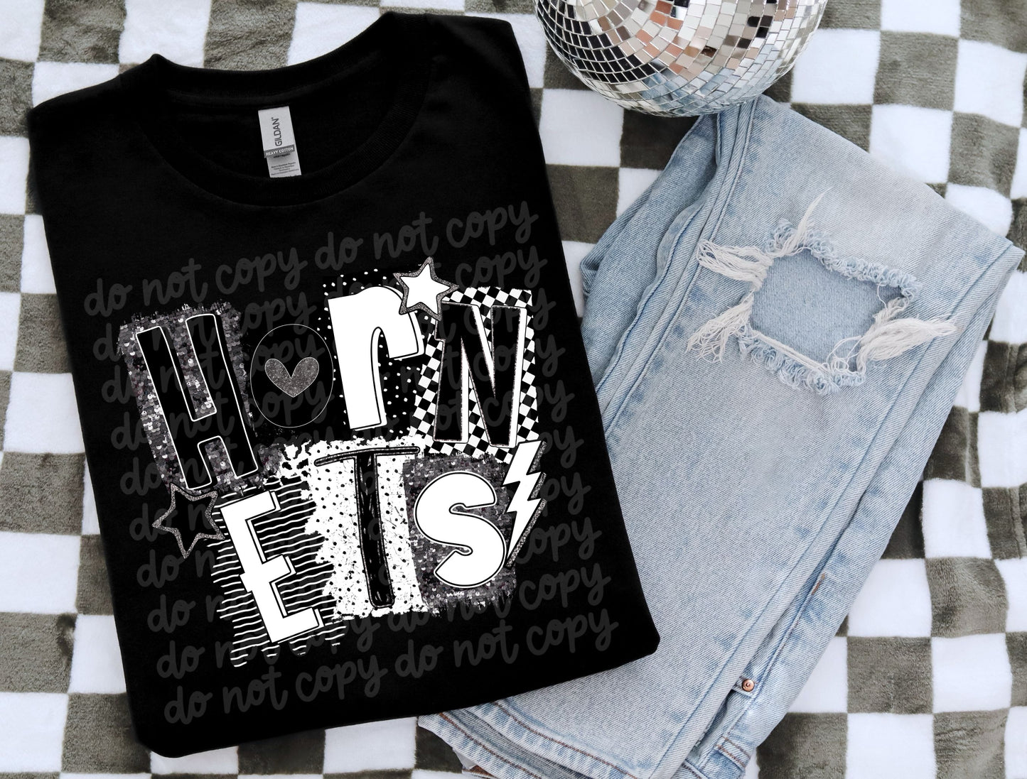 Hornets BW Collage Mascot T-Shirt | Trendy School Spirit Shirt | Fast Shipping | Super Soft Shirts for Men/Women/Kid's