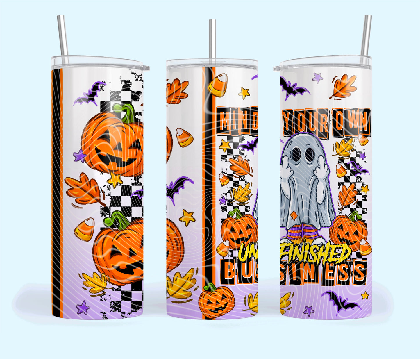 Mind Your Unfinished Business Insulated Tumbler with Plastic Lid and Sealed Reusable Straw | Trendy Halloween Cup | Hot/Cold Tumbler