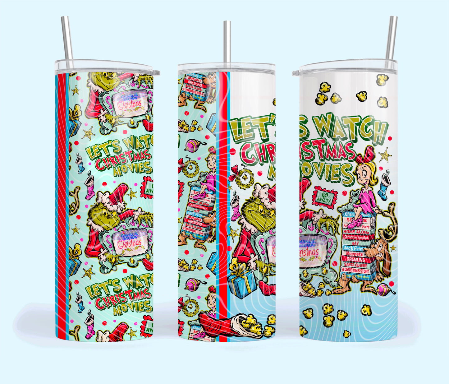 Let's Watch Christmas Movies Insulated Tumbler with Plastic Lid and Sealed Reusable Straw | Trendy Christmas Cup | Hot/Cold Tumbler