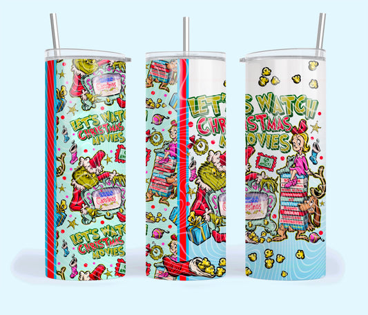 Let's Watch Christmas Movies Insulated Tumbler with Plastic Lid and Sealed Reusable Straw | Trendy Christmas Cup | Hot/Cold Tumbler
