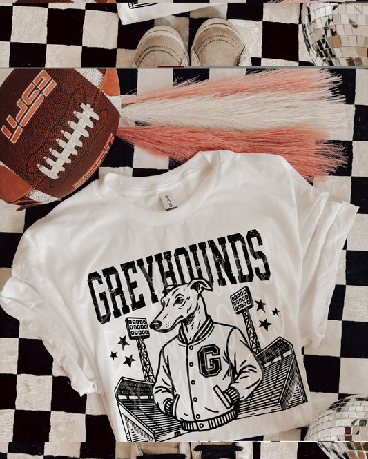 Greyhounds Letterman Mascot DTF Transfer | Trendy School Spirit DTF Transfer | High Quality Image Transfers | Ready to Press | Instant Peel