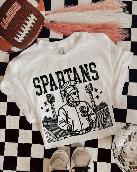 Spartans Letterman Mascot T-Shirt | Trendy School Spirit Shirt | Fast Shipping | Super Soft Shirts for Men/Women/Kid's