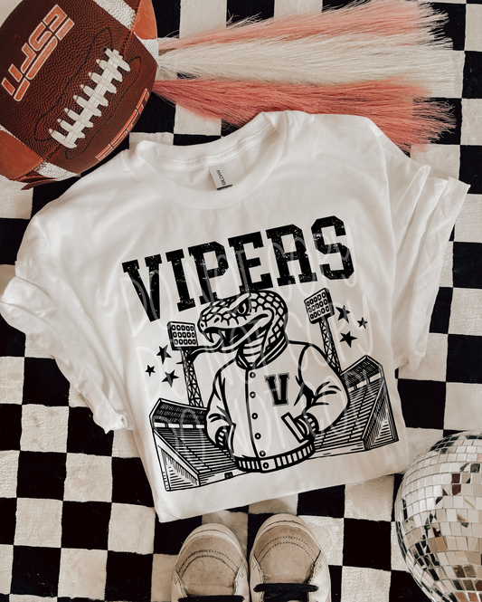 Vipers Letterman Mascot T-Shirt | Trendy School Spirit Shirt | Fast Shipping | Super Soft Shirts for Men/Women/Kid's