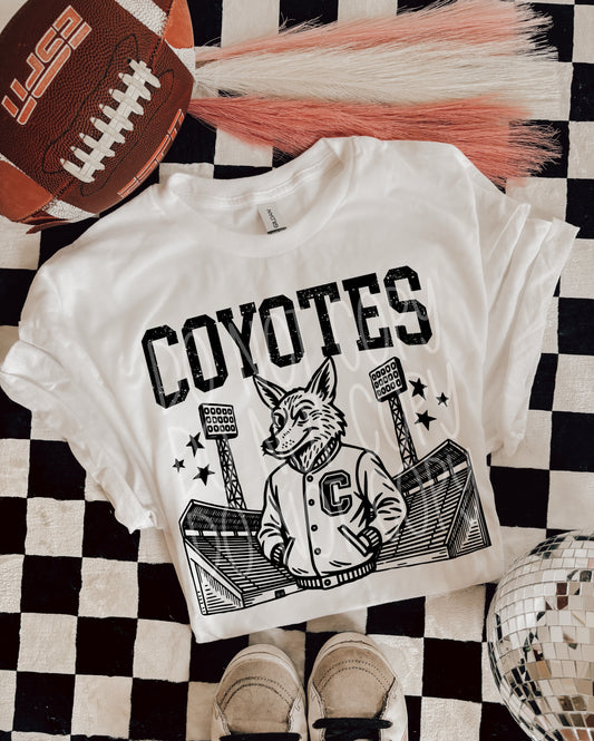 Coyotes Letterman Mascot T-Shirt | Trendy School Spirit Shirt | Fast Shipping | Super Soft Shirts for Men/Women/Kid's
