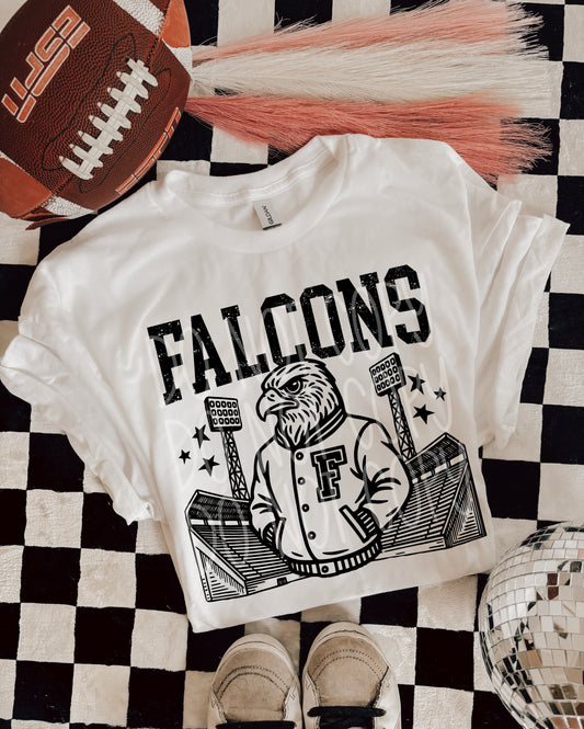 Falcons Letterman Mascot T-Shirt | Trendy School Spirit Shirt | Fast Shipping | Super Soft Shirts for Men/Women/Kid's