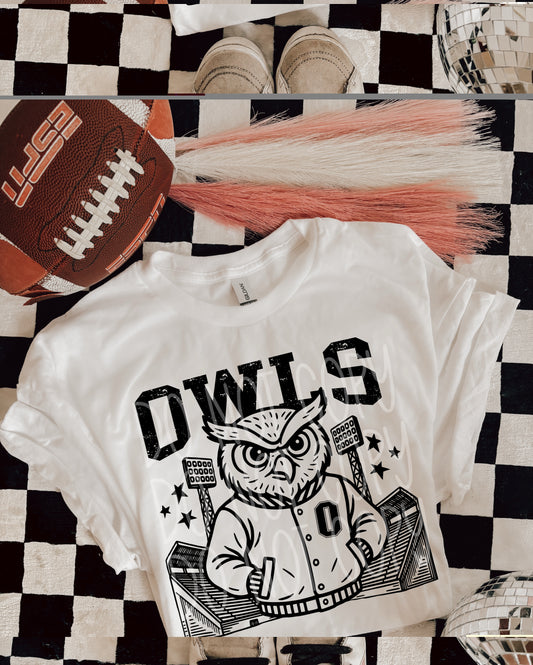 Owls Letterman Mascot T-Shirt | Trendy School Spirit Shirt | Fast Shipping | Super Soft Shirts for Men/Women/Kid's