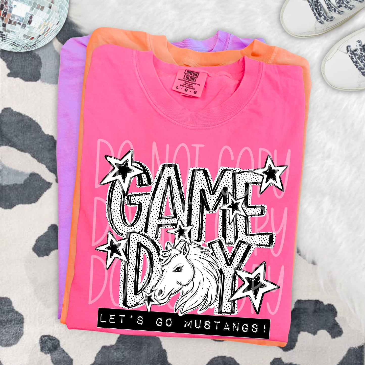 Game Day Mustangs DTF Transfer | Mustang Mascot Heat Transfer | School Spirit Shirt Transfer | Black White Sports DTF