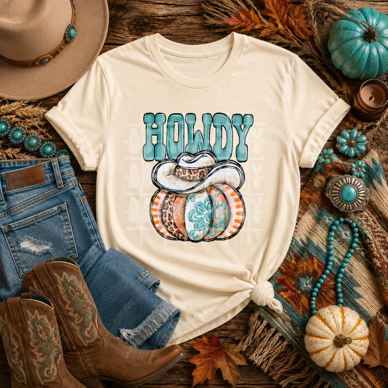 Howdy Pumpkin DTF Transfer | Western Fall Heat Transfer | Cowgirl Pumpkin Ready to Press | Turquoise Autumn Shirt Transfer