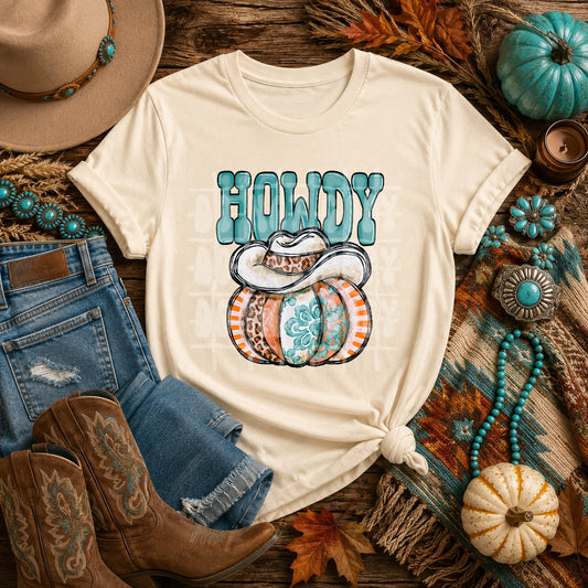 Howdy Pumpkin DTF Transfer | Western Fall Heat Transfer | Cowgirl Pumpkin Ready to Press | Turquoise Autumn Shirt Transfer