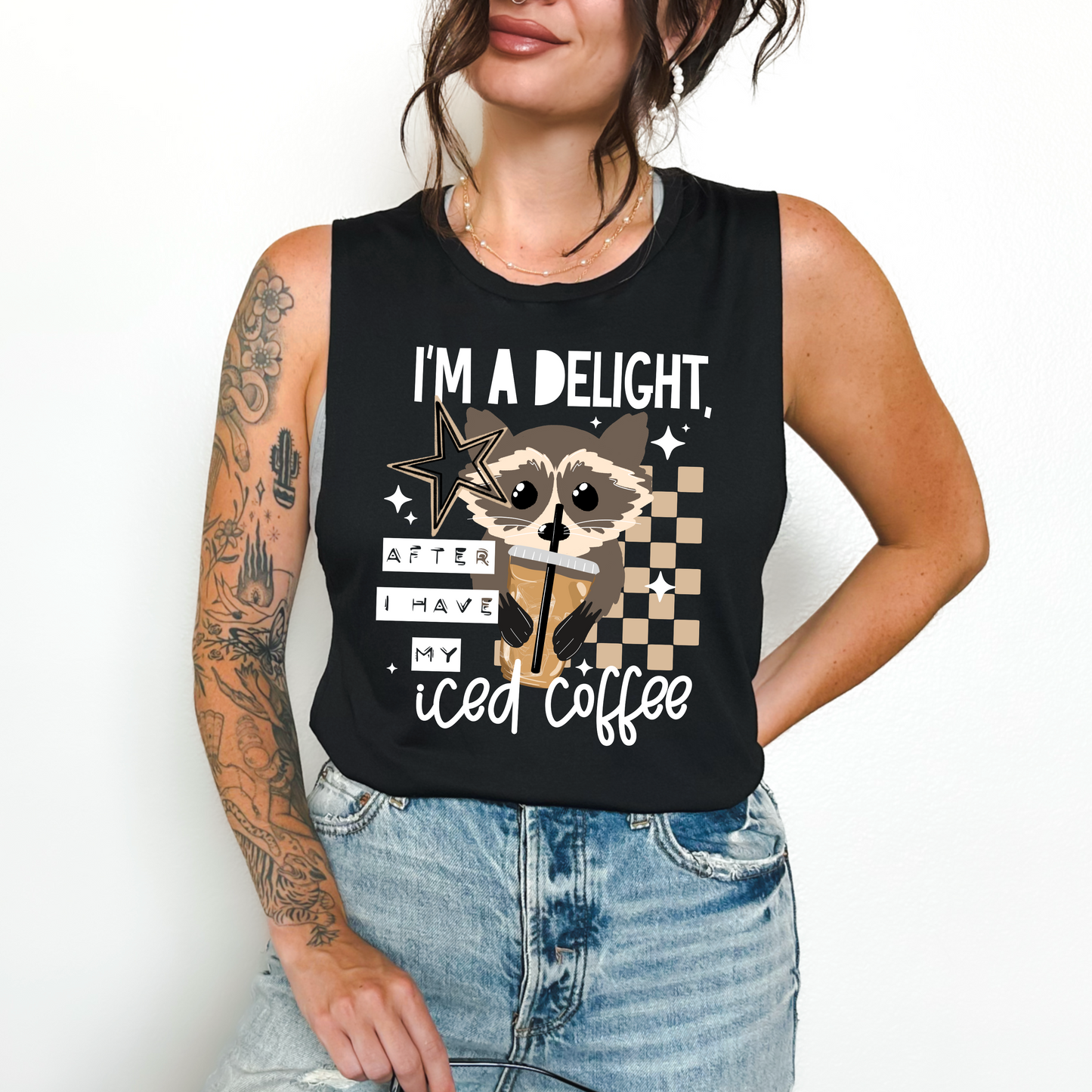 I'm a Delight After I Have My Iced Coffee DTF Transfer, Funny Coffee Transfer, Raccoon Shirt Transfer, Cute Coffee Lover Design