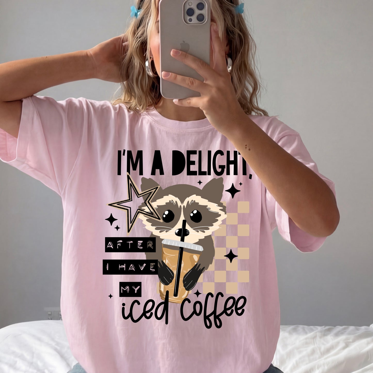 I'm a Delight After I Have My Iced Coffee DTF Transfer, Funny Coffee Transfer, Raccoon Shirt Transfer, Cute Coffee Lover Design