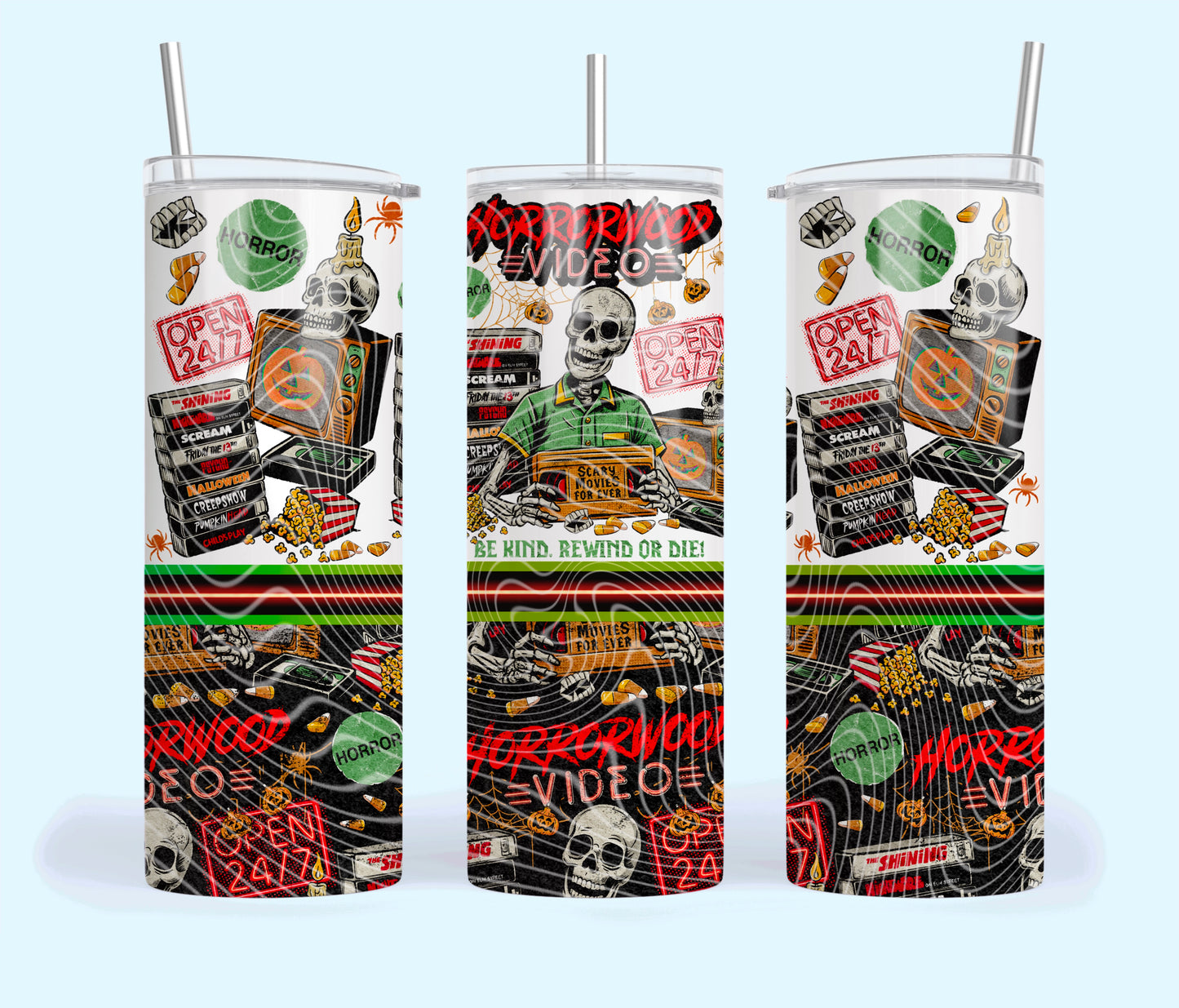 Horrorwood Video Insulated Tumbler with Plastic Lid and Sealed Reusable Straw | Trendy Halloween Cup | Hot/Cold Tumbler