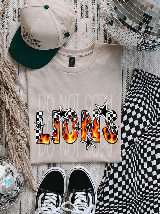 Lions  Retro Flames Mascot DTF Transfer | Trendy School Spirit DTF Transfer | High Quality Image Transfers | Ready to Press | Instant Peel