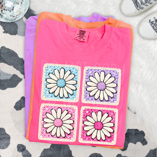 Daisy Granny Square DTF Transfer Ready to Press | Retro Crochet Floral DTF | Vintage Flower Patch Design | Red Dirt Transfers