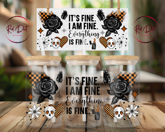 It’s Fine UV DTF Wrap | Goth Libbey Glass Can Decal | Checkered Skull Tumbler Transfer | Spooky Western Cup Wrap