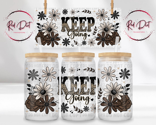 Keep Going UV DTF Transfer, Motivational Cup Wrap, Neutral Floral Libbey Glass Wrap, 16 oz Cup Decal, Leopard Print Design