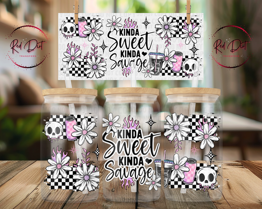 Kinda Sweet Kinda Savage UV DTF Wrap | Pink Goth Libbey Glass Can Decal | Checkered Skull Tumbler Transfer