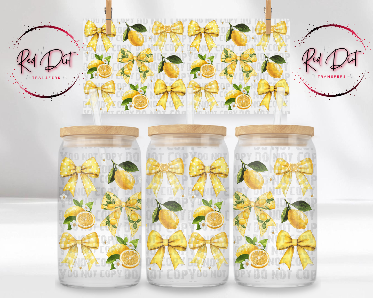Lemon Coquette UV DTF Transfer, Bow Lemon Cup Wrap, 16 oz Libbey Glass Wrap, Summer Aesthetic Tumbler Decal, Preppy Lemon Design